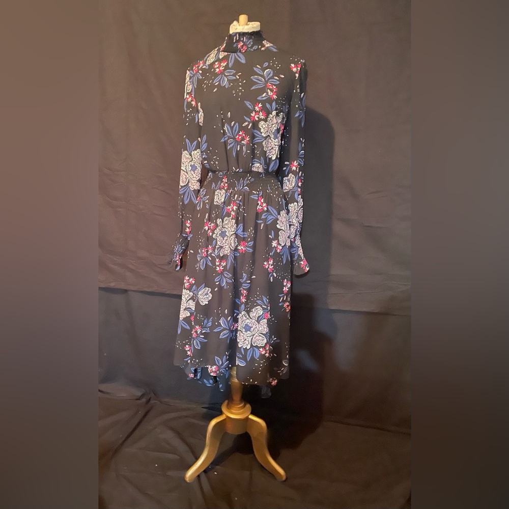 Nanette Lepore Pink and Black Bishop Sleeve Smocking Dress 12 NWOT